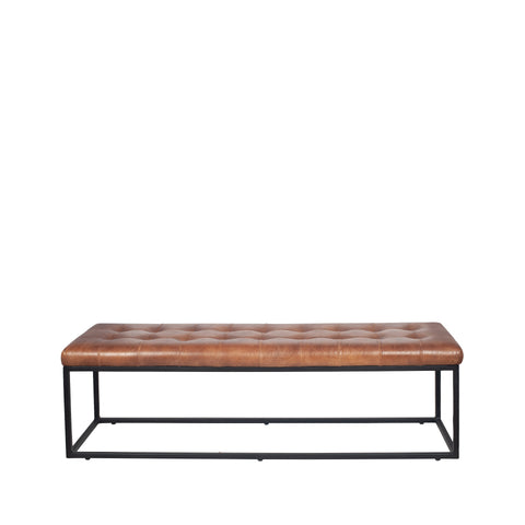 Arlo Leather & Iron Buttoned Bench- Vintage Brown