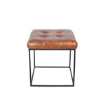 Arlo Leather and Iron Buttoned Stool- Vintage Brown