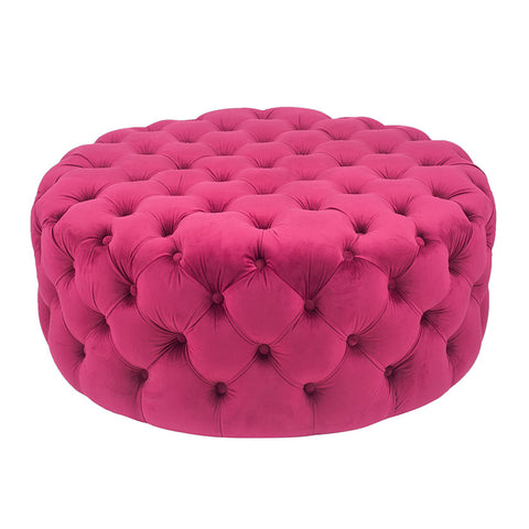 Round Velvet Buttoned Pouffe- Raspberry