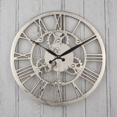 Shiny Nickel Cog Design Round Wall Clock Small