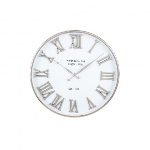 Silver and White Metal Round Wall Clock