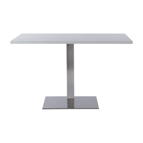 Danilo Single Pedestal dining height base with a 1200 by 700 rectangular White Tuff Top